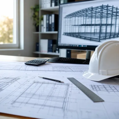 Structural engineer’s desk - technical drawings, safety helmet and a 3D steel hall model